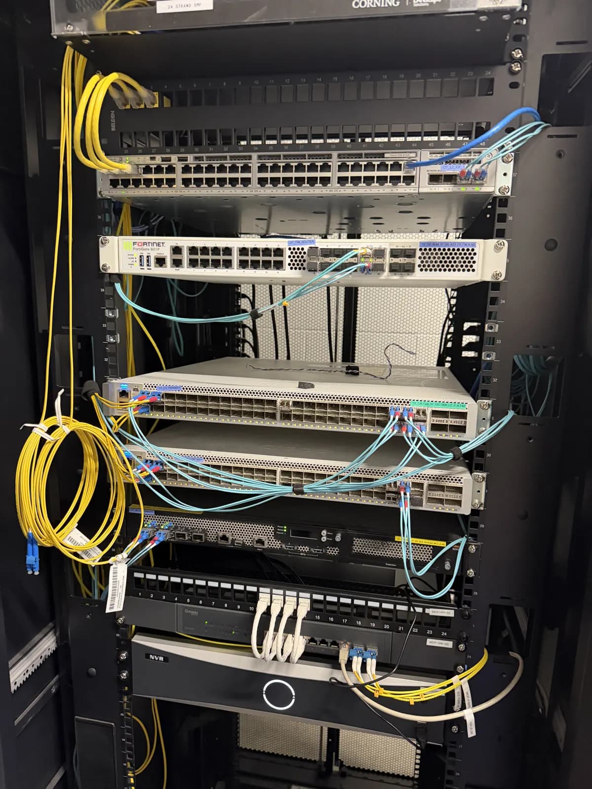 Network rack with switches, patch panels and neatly routed fibre and copper cabling