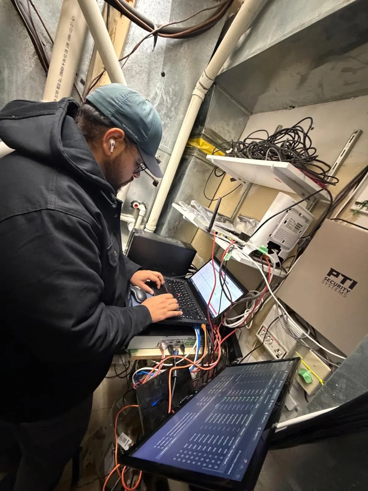 Wire Monkey technician configuring a network and camera system on site